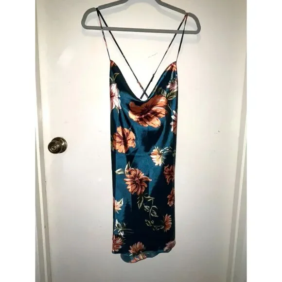 Women's Teal Floral Silk Adjustable Strap Open Back Drape Mini Night Dress - Picture 3 of 6